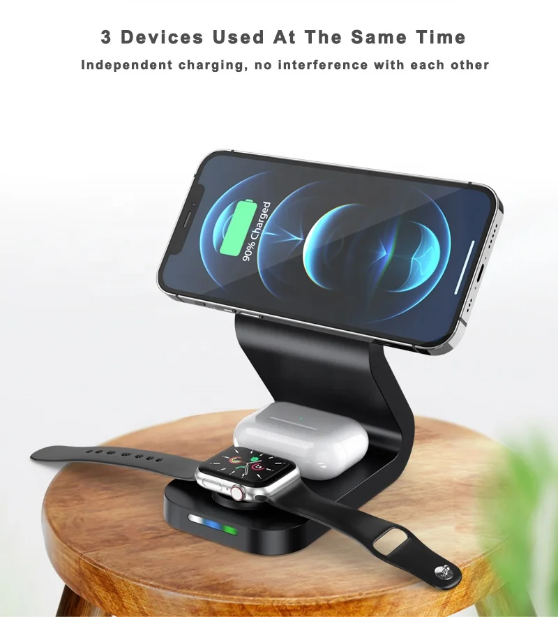New Design 15w Mobile Phone Qi Fast Magnetic 3 In 1 Wireless Charger for iPhone 12 Mini Max Pro for Apple Watch Earphone