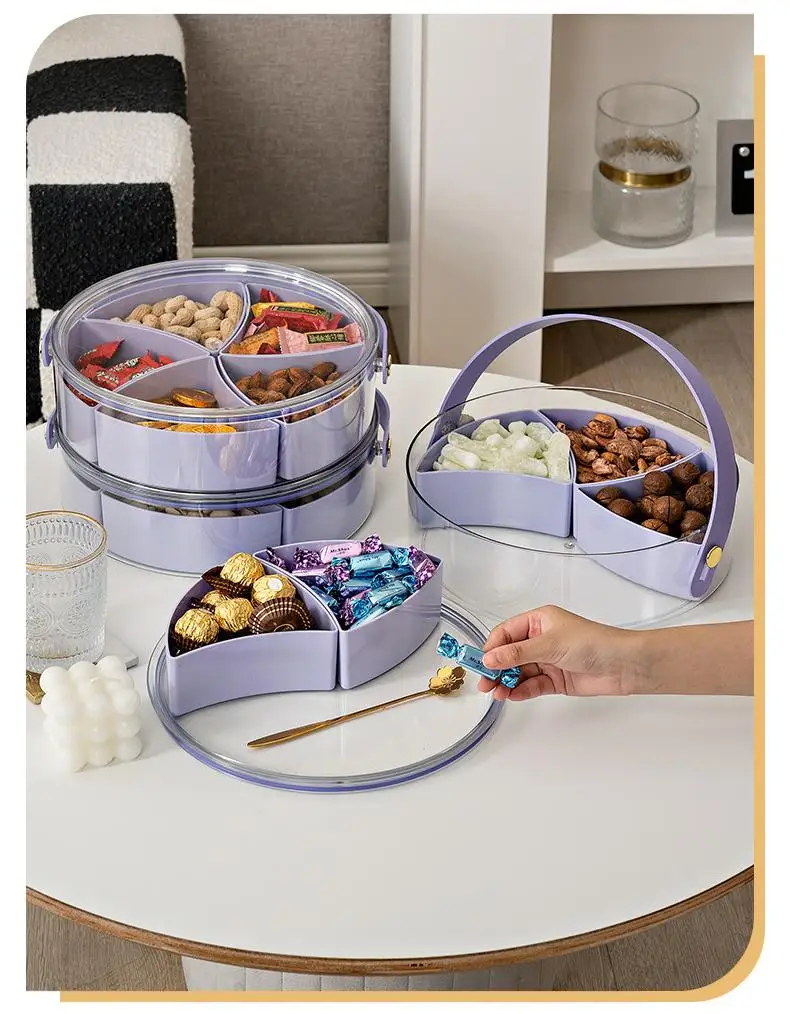 Portable Round Plastic Veggie Tray Divided Serving Tray With Lid