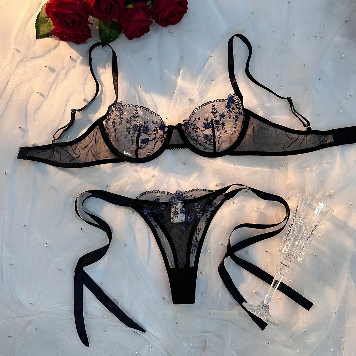 Women Sexy Embroidered Flower Sweet Mesh Lingerie Set Transparent Bra Set  Sexy Women Lingerie Set