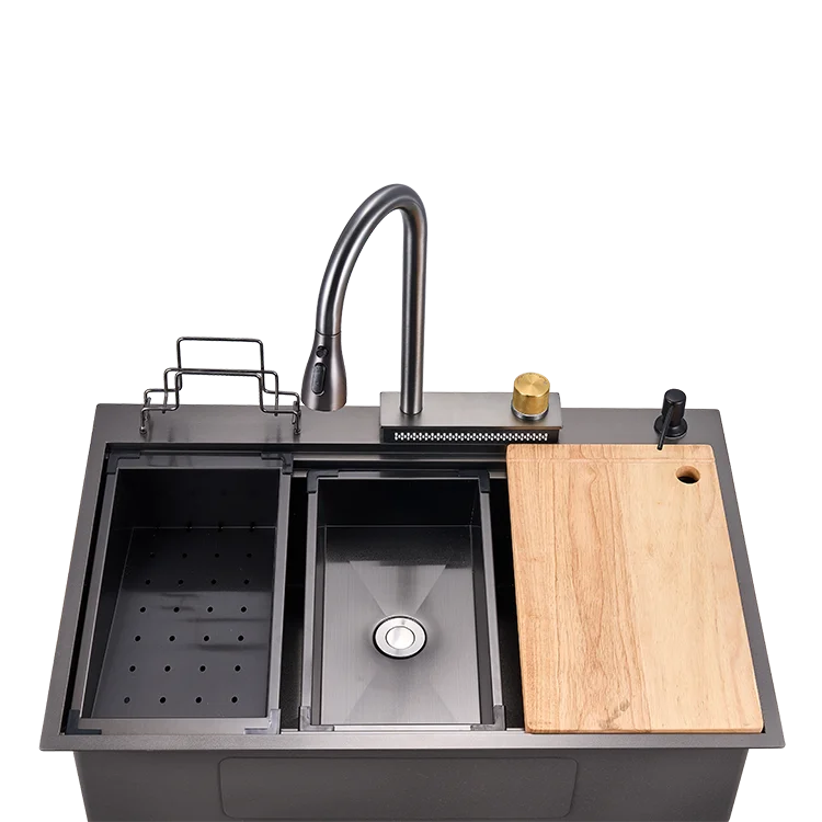 Black SUS30 Stainless Steel Nano Kitchen Sink Hand Custom With New Rain Faucet