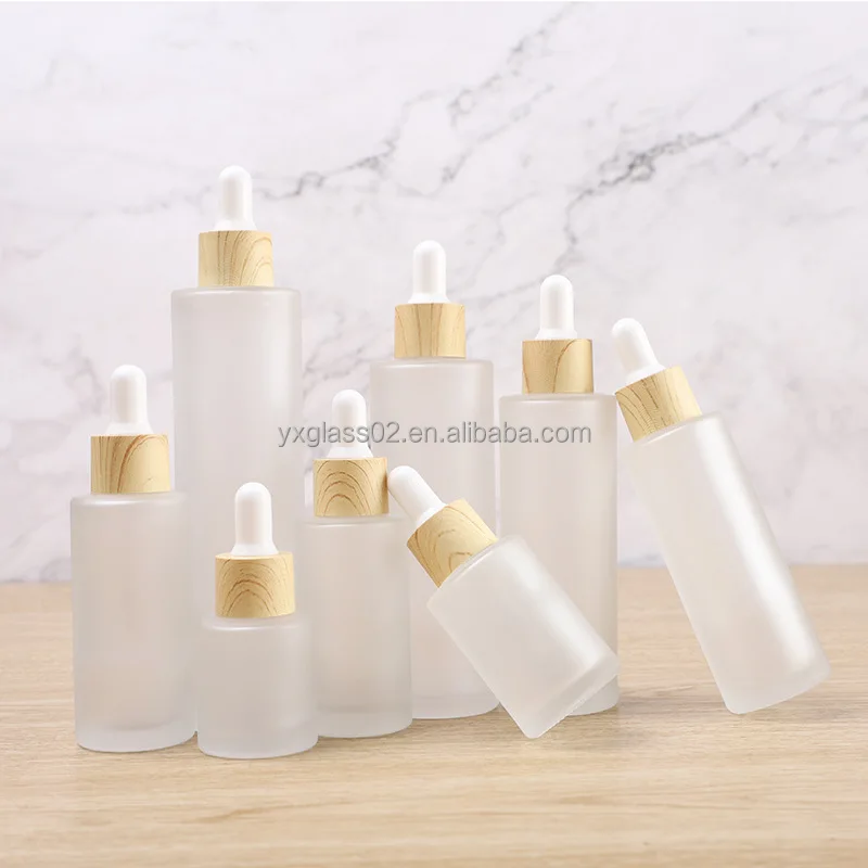 Frosted Essential Oil glass bottle serum glass bottle Flat Shoulder Dropper bottle with Plastic environmentally wood grain ring details