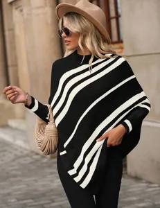Women's Ins Casual Puncho Long Breathable Knitted Striped Shawl Jacquard Embroidered Anti-Wrinkle Formal Sweater