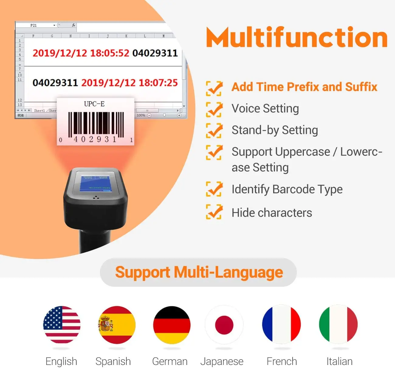 2D Wireless Bar Code Scanner Card Skimmer Display Screen Battery Level Indicator Bluetooth 2.4G Wireless HW0006 Pro Obd Scanner