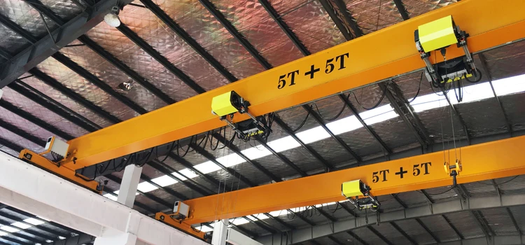Hot sale top end 5 + 5 ton 15 m single girder beam electric overhead traveling bridge crane with double europe style electric hoist and smart Anti-sway device anti-swaying function in workshop warehouse for material handling price