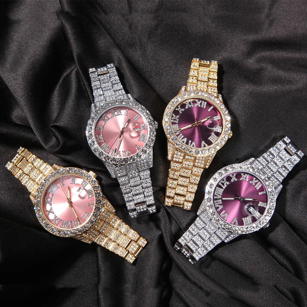 2021 Iced Out Baby Kids Pink Women Bling Watch with Purple Dial