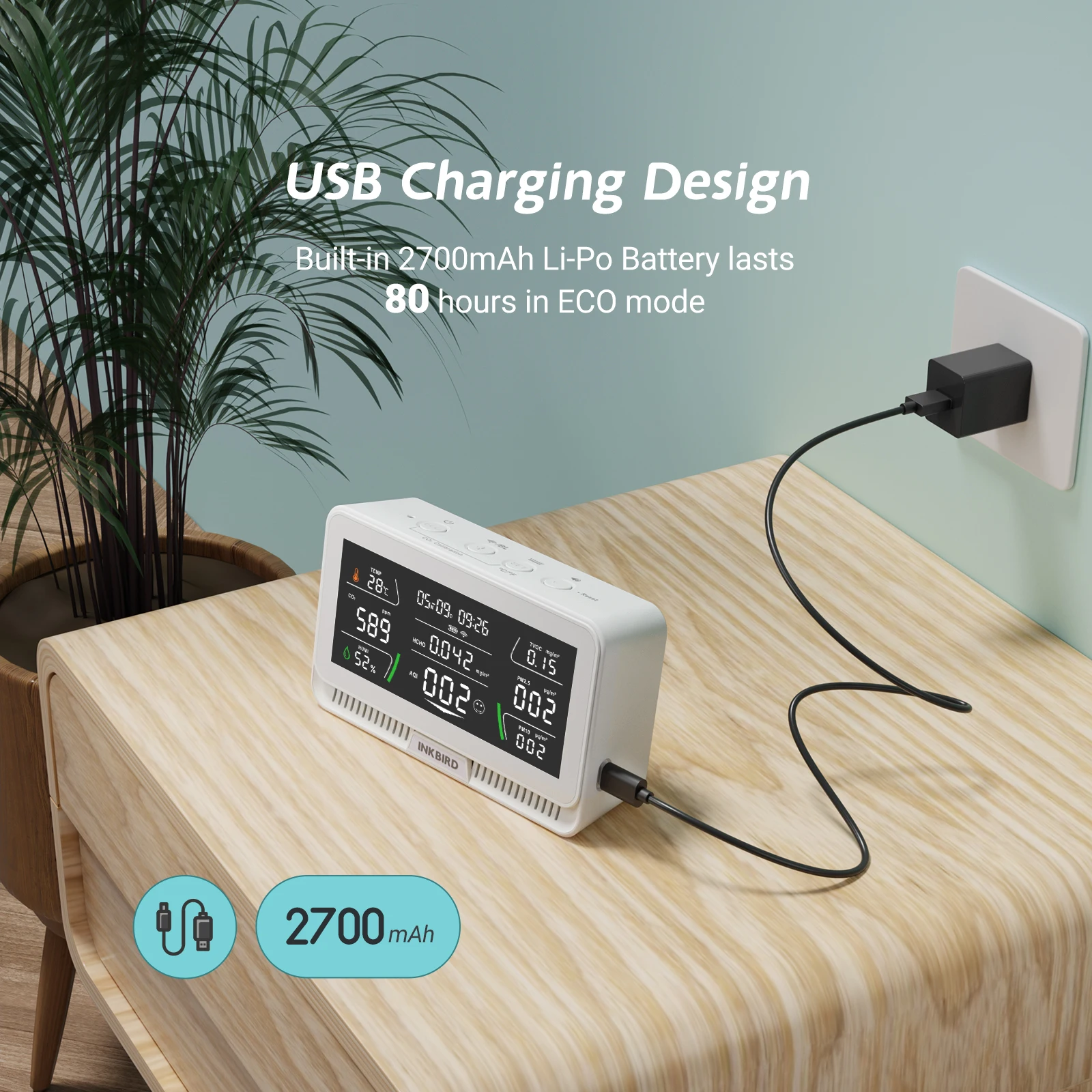 INKBIRD WiFi Air Quality Monitor WiFI IAQM-129-W TUYA for CO2 PM2.5 PM10 TVOC HCHO AQI Temperature Humidity Analyzer