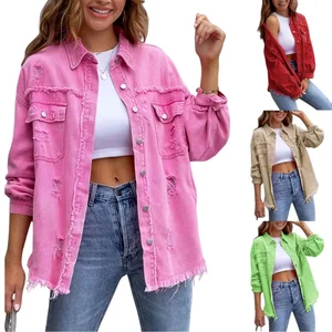 Latest Design S-2xl Mid Length Denim Jacket With Torn Edges and Holes Women's Autumn and Winter Long Sleeved Casual Lapel Top