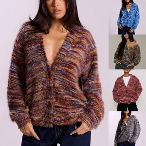 Vintage Knitting Cardigan Fashion Deep V-neck Rainbow Jacket Maillard Plush Long Sleeved Cardigan Soft Women's Sweaters