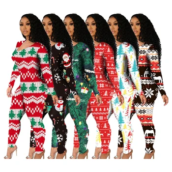 Low Moq Custom Print Christmas Pajamas Long-Sleeved Sexy Low-Cut Plus Size Tight-Fitting Adult Onesie