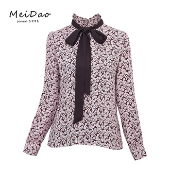 Meidao-060157 Cream White Printed Tie Neck Long Sleeve Flowy Silk Blouse Tops