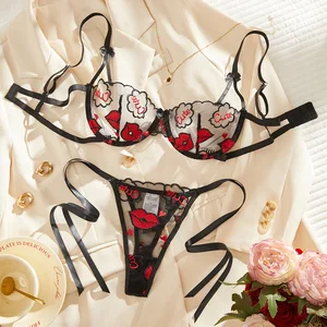 2026 New Arrival Cross-Border Lingerie Set: Sheer Mesh Sexy Lips Embroidered Thong with Straps & Pure Desire Bra