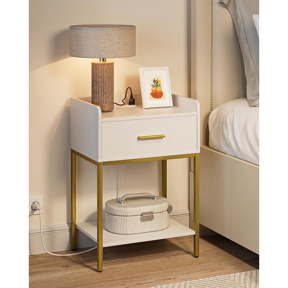 product nightstand charging station 3 tier modern wooden  metal bedside storage drawer shelf small end side table for apartment bedroom-2