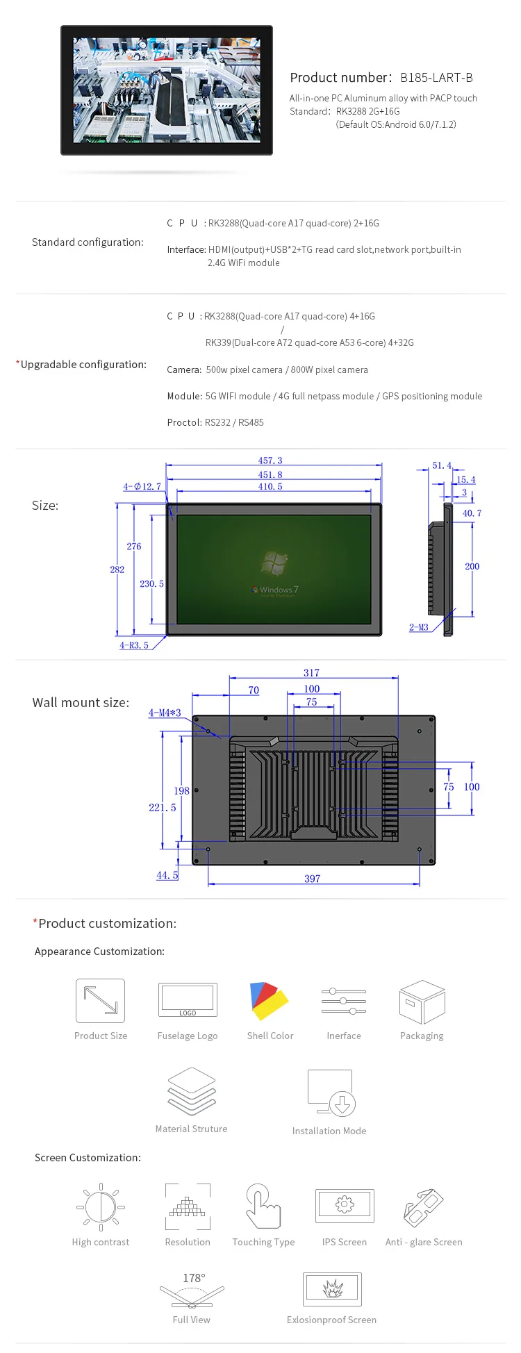 OEM ODM 18.5 Inch Industrial All-in-One Panel PC Capacitive Touch Screen RK3288 RK3399 Android Embedded IP65 All in One Tablet