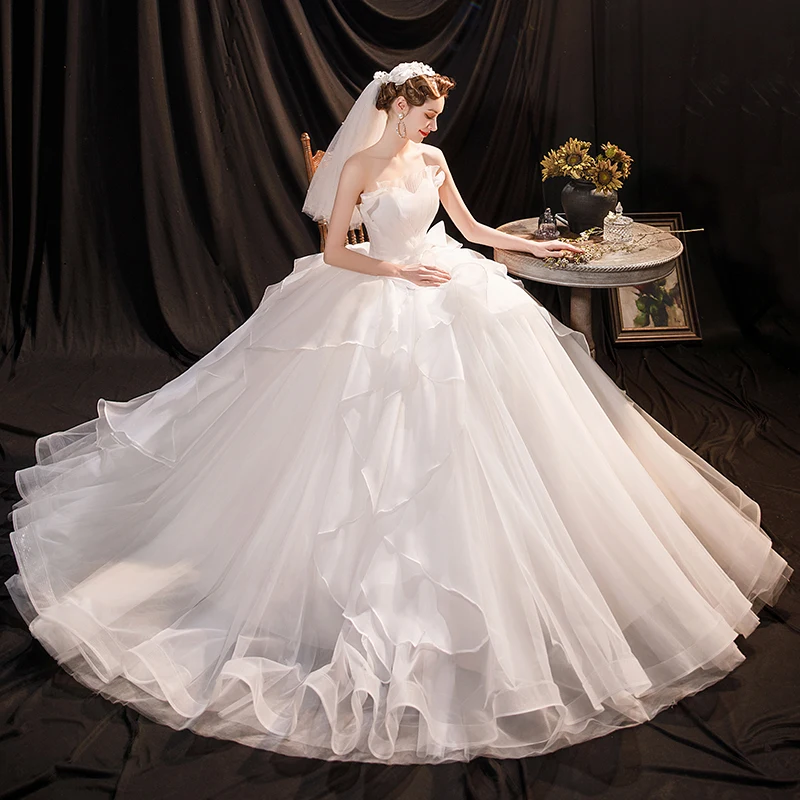 2021 Latest Design Charming Lady Wedding Dress Ball Gown Boat Neck Sweetart  Ribbons Lace Ruffles Bead Bridal Gown
