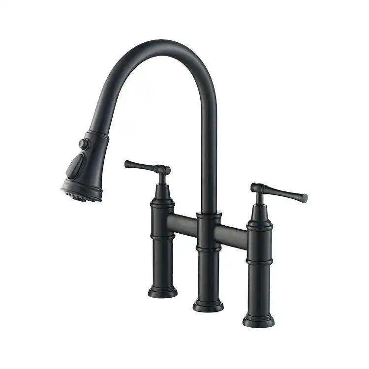 High End Kitchen 3 Function Pull-Down Sprayhead Bridge Sink Faucet In Matte Black