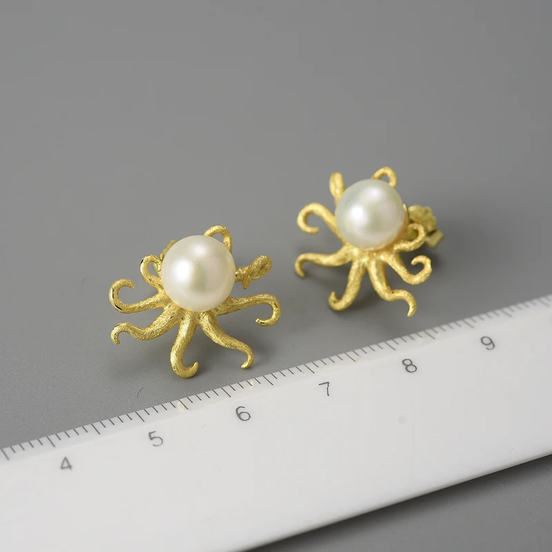 Lotus Fun Factory Price Pure 925 Sterling Silver 18k Gold Plated Octopus Ocean Elements Stud Earrings Fine Jewelry for Women