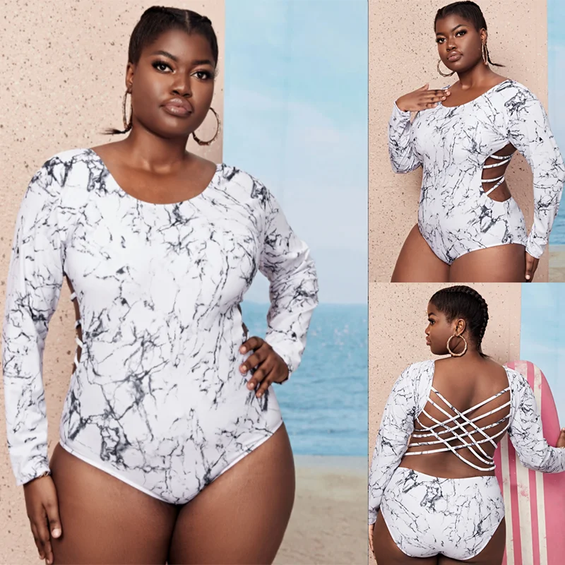 2022 New Design DAMO Plus Size Women Long Sleeve Back Hollow Out Sexy Swimsuits White Girls Sauna Wear Bathing Suit