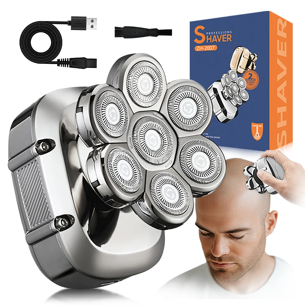 Bald Stainless Steel Seven Blade Waterproof Razor  USB Charging Electric Rotary Shaver