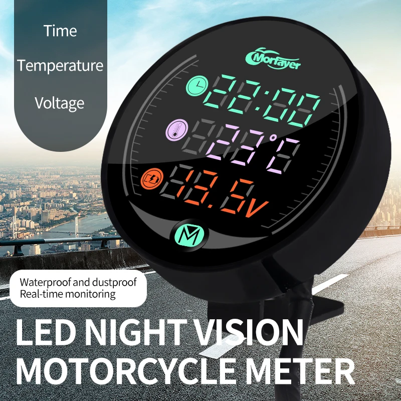 Waterproof  3 in 1 LED Night Vision Digital Display Voltmeter Voltage Temperature Gauge Time Motorcycle Meter