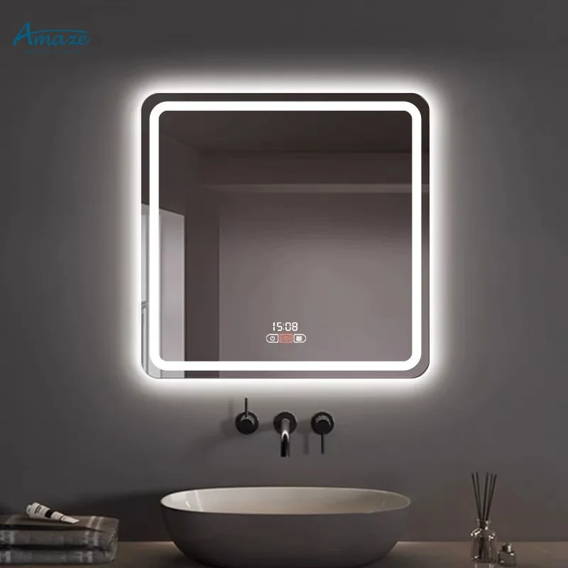 Square smart mirror Bathroom wall mounted LED Intelligent defogging mirror Human sensing touch screen bathroom mirror