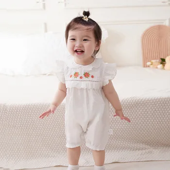 Infants baby sleeveless jumpsuit 2024 Summer girls' flounced sleeve jumpsuit pure cotton thin onesie