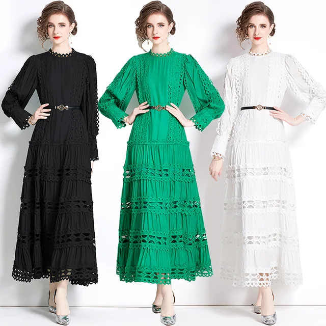 embroidery green stand neck hollow dress lady long sleeve dating sweet wear casual plus size dress women's clothing pakistani