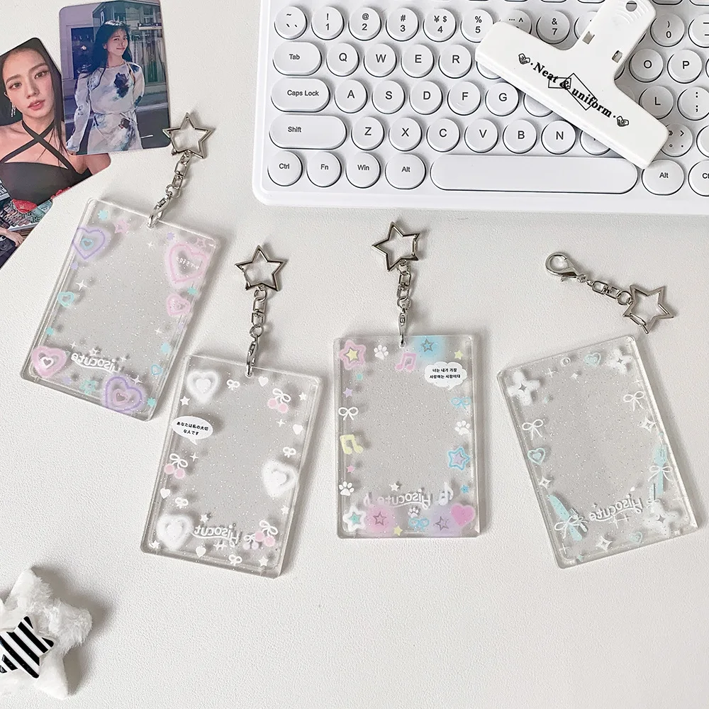 Kpop Fotokaarthouder met sleutelhanger Y2K Kawaii Cartoon Kitten Kaartbeschermer Koreaanse Idool Foto Mouw ID Bank Credit Card Album Foto Opslag Briefpapier (Paars