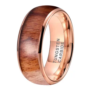 Coolstyle Jewelry 8mm Rose Gold Tungsten Ring Women Men Engagement Wedding Band Koa Wood Inlay Polished Shiny Comfort Fit