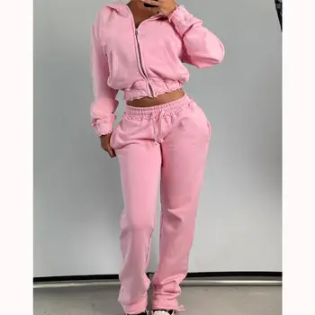Custom Pink  Hoodie Women Tracksuits Workout Joggers Two Piece Sets Distressed Zip  Pants Set Women's Sweatsuits Set