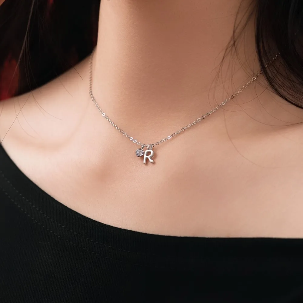 KAKODIY Dainty Initial Necklace Rhodium Plated 925 Sterling Silver 5A Zirconia Small -R- Monogram Pendant Necklace for Women detail 2