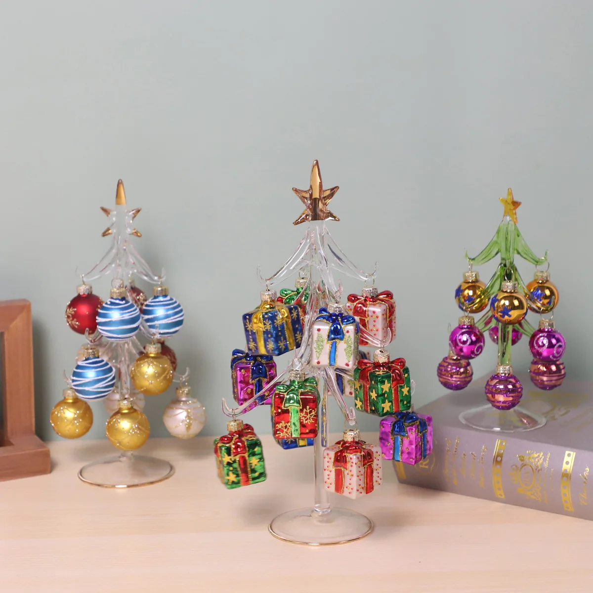 Miniature Glass Christmas Trees with hanging bauble ornaments for Christmas home table decoration factory