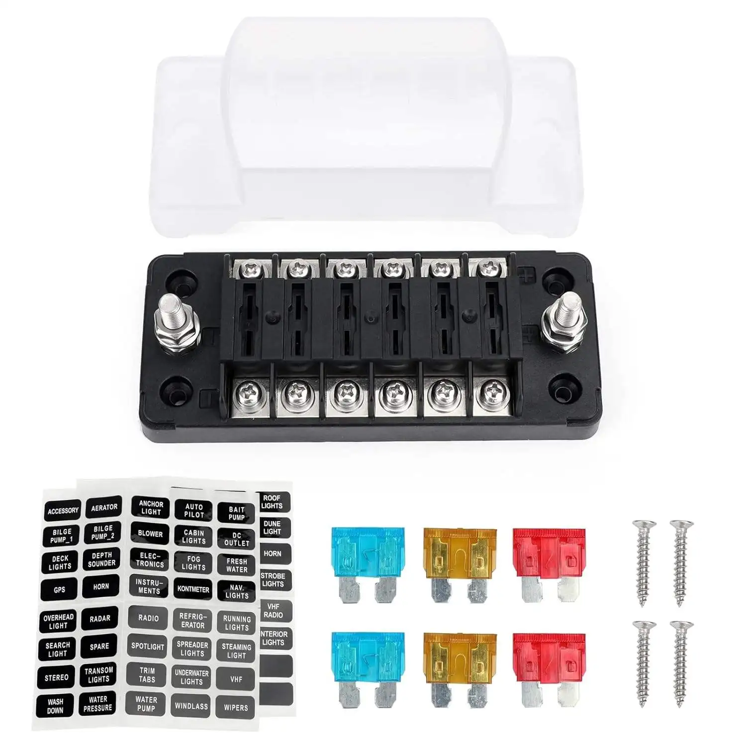 DC 12V ATC ATO 24V 32V 6 Way Blade Fuse Holder Negative Pole Fuse box for Car Boat Marine Van 32V Fast Acting Fuse