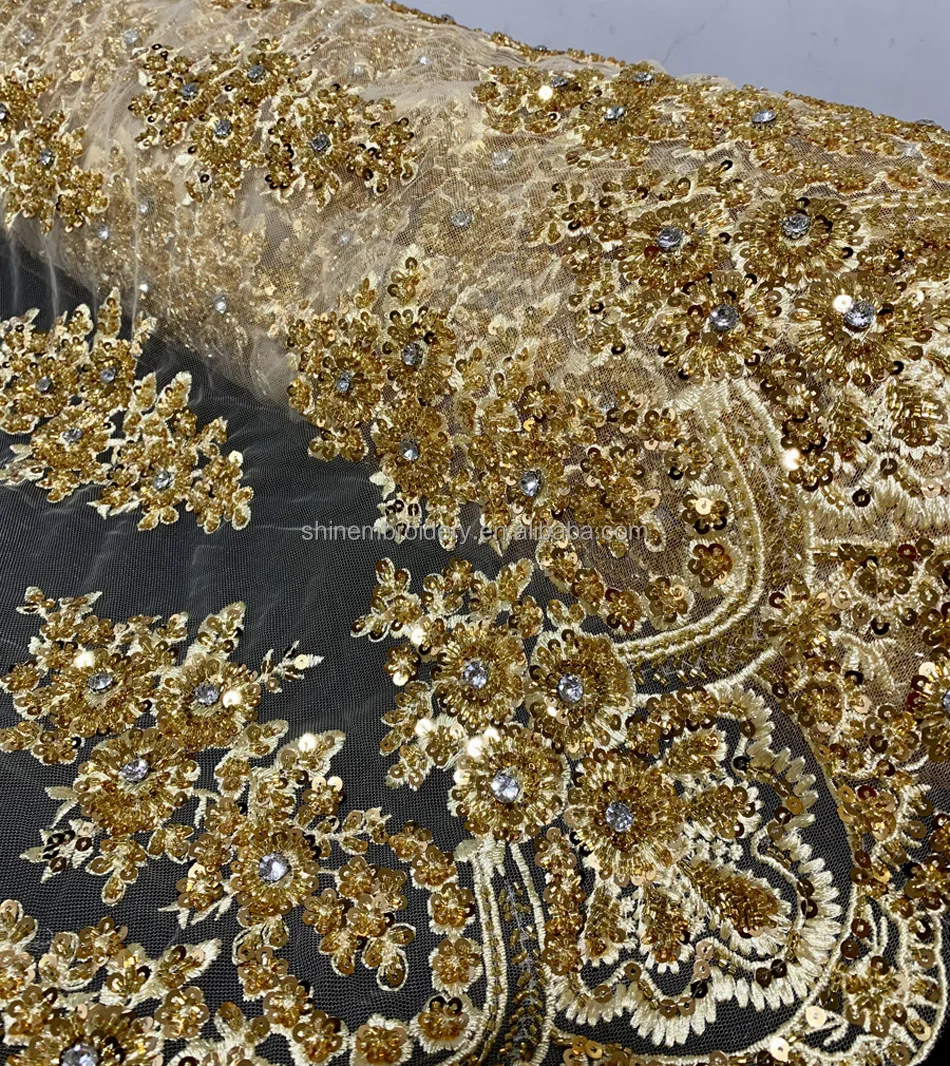 Luxury Heavy Gold Beaded Lace Fabric/shinning Machine Beaded Sequin ...