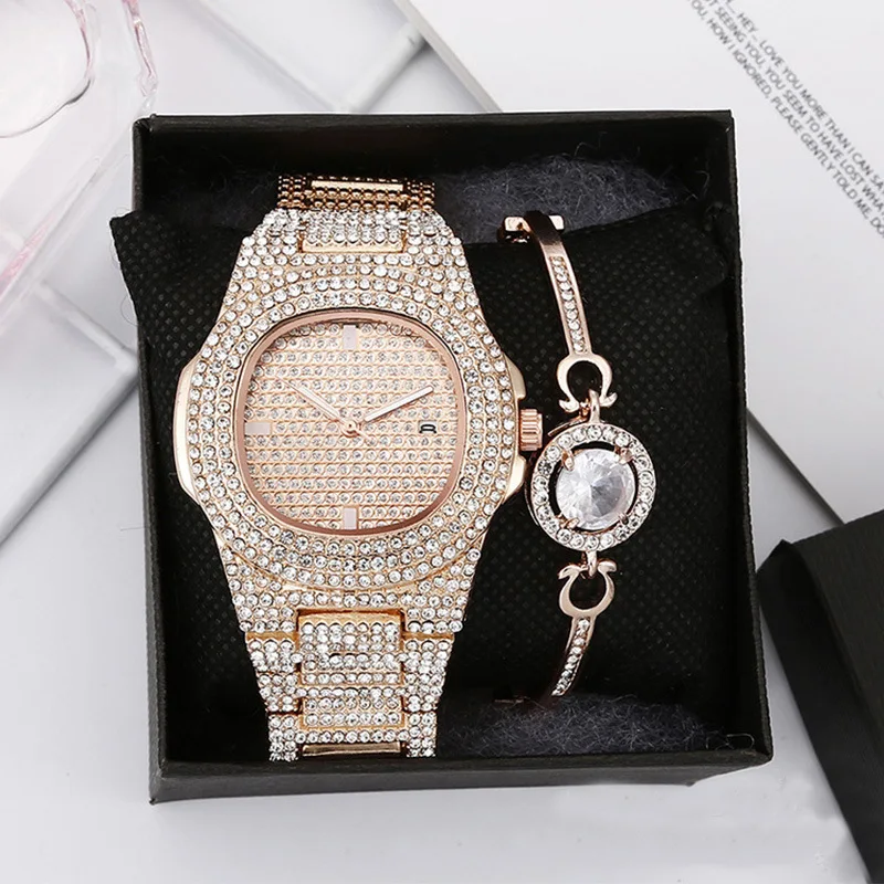 Iced Out Watch for Men Hip Hop Rhinestones Cuban Chain