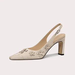 Women's Simple square Toe Pearl Decor Casual Heels Slip-On Flower Decoration Slingback Thick Heeled Wedding Shoes Summer