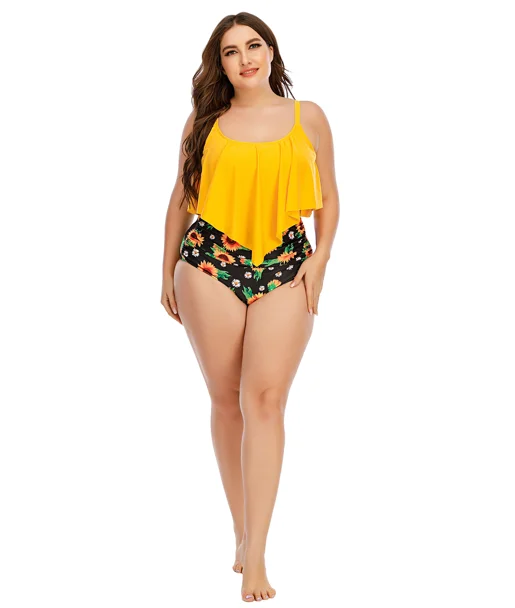 Custom Logo Women Plus Size Yellow Ruffle Swim Top Sunflowers Printed High Waisted Yellow Swimwear 5xl