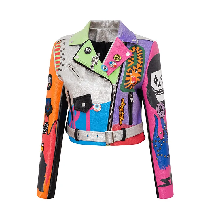 Professional New Design Fashion Custom Printing Graffiti Rivet Leather Jacket for Women