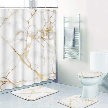 Four piece sets Modern Vintage Marble Gold White Abstract Shower Curtain Set Non-Slip Bath Mat & Toilet Lid Cover Bathroom