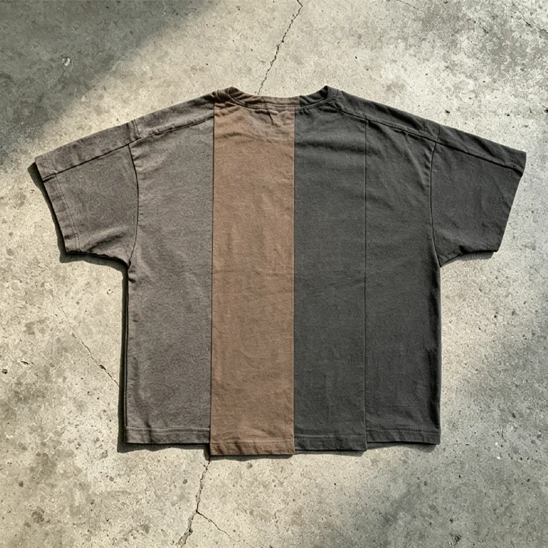 Custom Summer Heavyweight 100% Cotton Thick Collar Oversized Eco - Friendly PUNK STYLE Acid Wash Color Block T Shirts for Men gallery 2