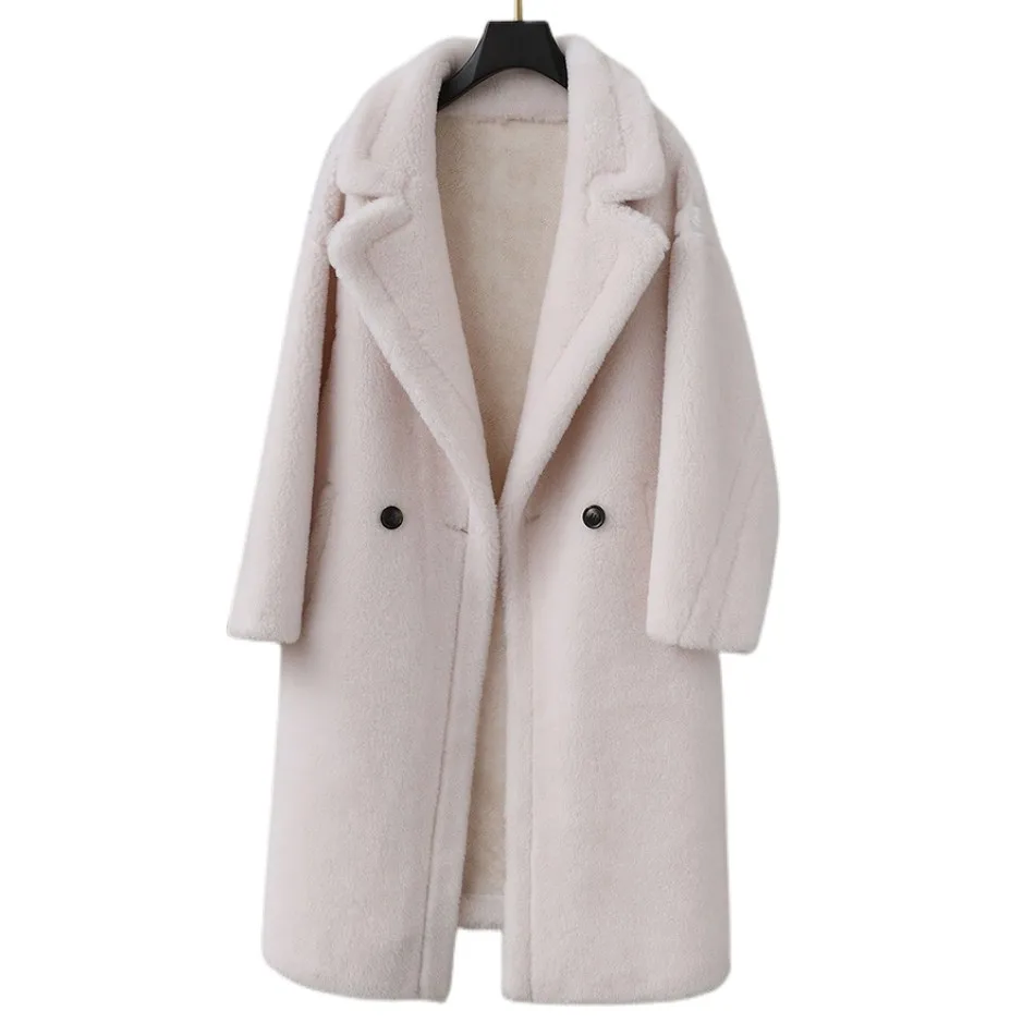 High Quality Loose Cashmere Sheep Alpaca Lapel Wool Fabric Trench Coats Luxury Coats for Women Shearing Long Overcoat