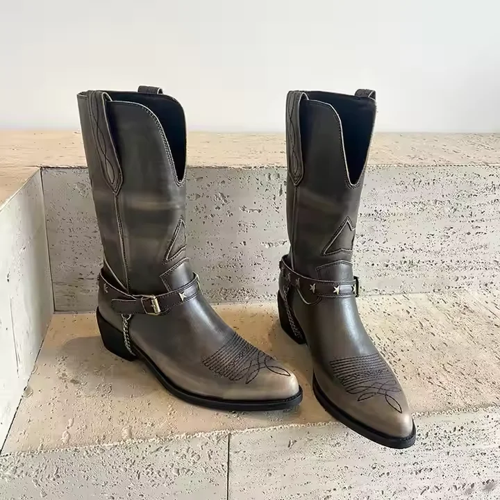 Customized Distressed Leather Cowboy Boots Retro Style Genuine Leather Women Mid Calf Western Boots - Image 4