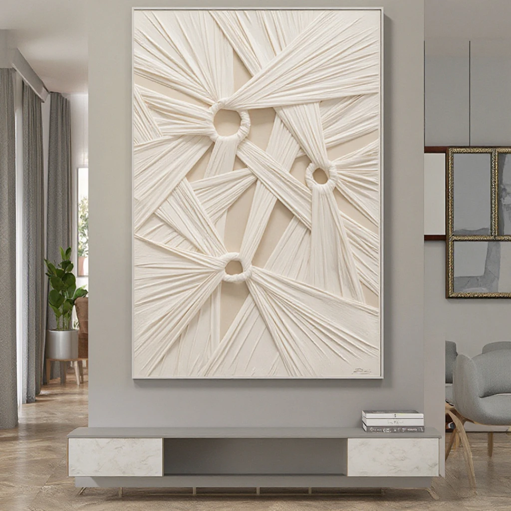 Opera d'arte tessile moderna minimalista con linee bianche su tela, realizzata su misura a mano. Decorazione murale in fibra tessile per arredamento hotel