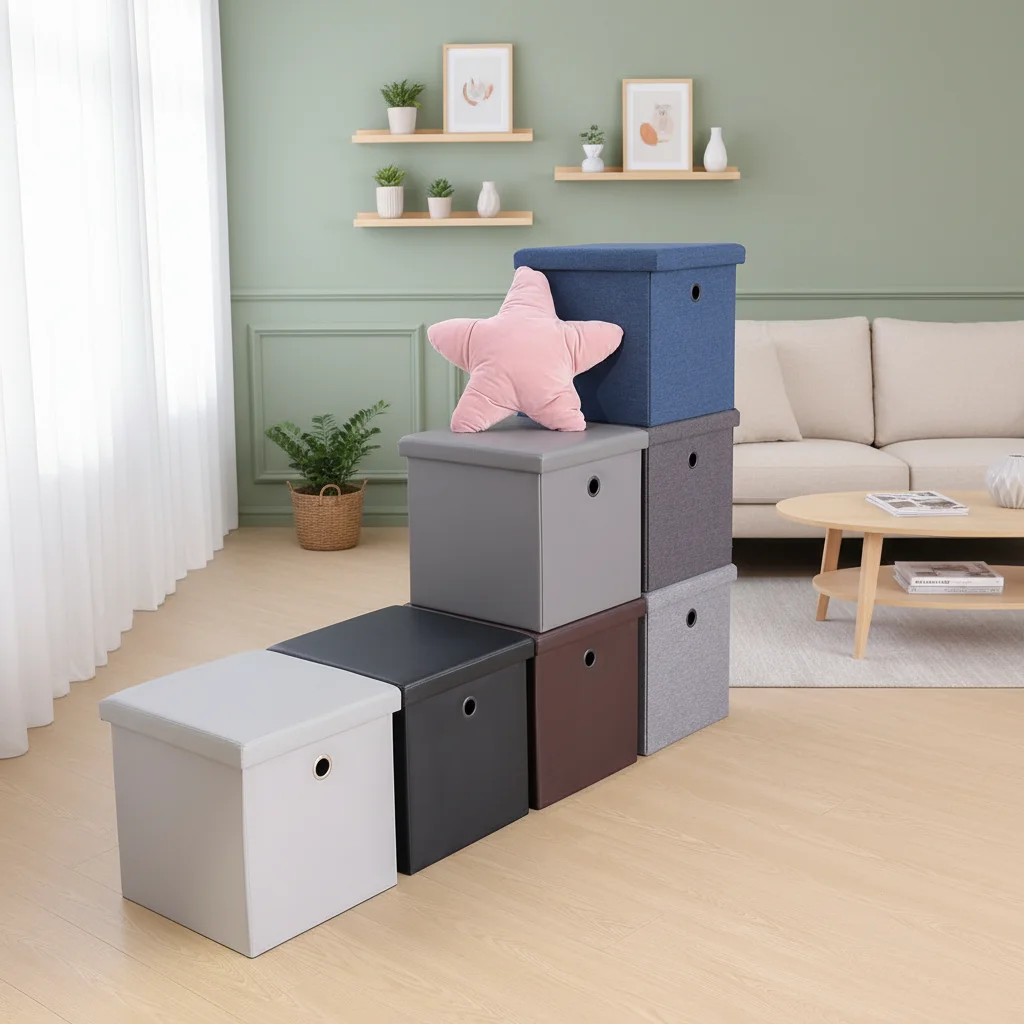 HStex Modern Foldable Fabric Storage Stool With Space Saving Design for Bedroom and Living Room