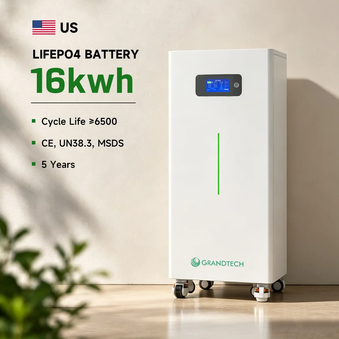 Grandtech Grade A+ 3.2V Lifepo4 Battery Cell 51.2V 48V 16KWH Vertical Lithium Ion Battery Pack for Solar Home Energy Storage