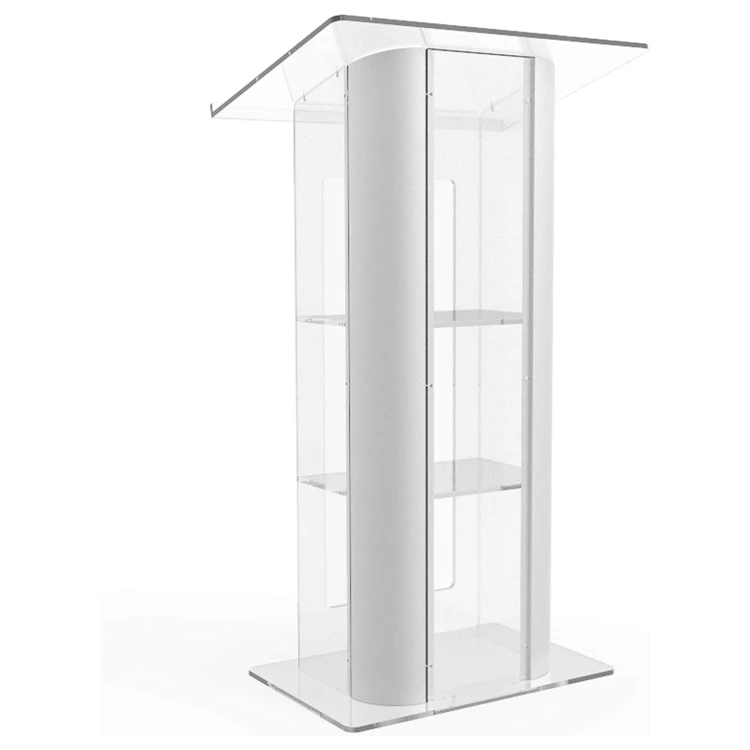Modern Clear Plexiglass Acrylic Lectern Curved Brushed Stainless Steel Sides Pulpit Acrylic Podium Stand for Church School Hotel