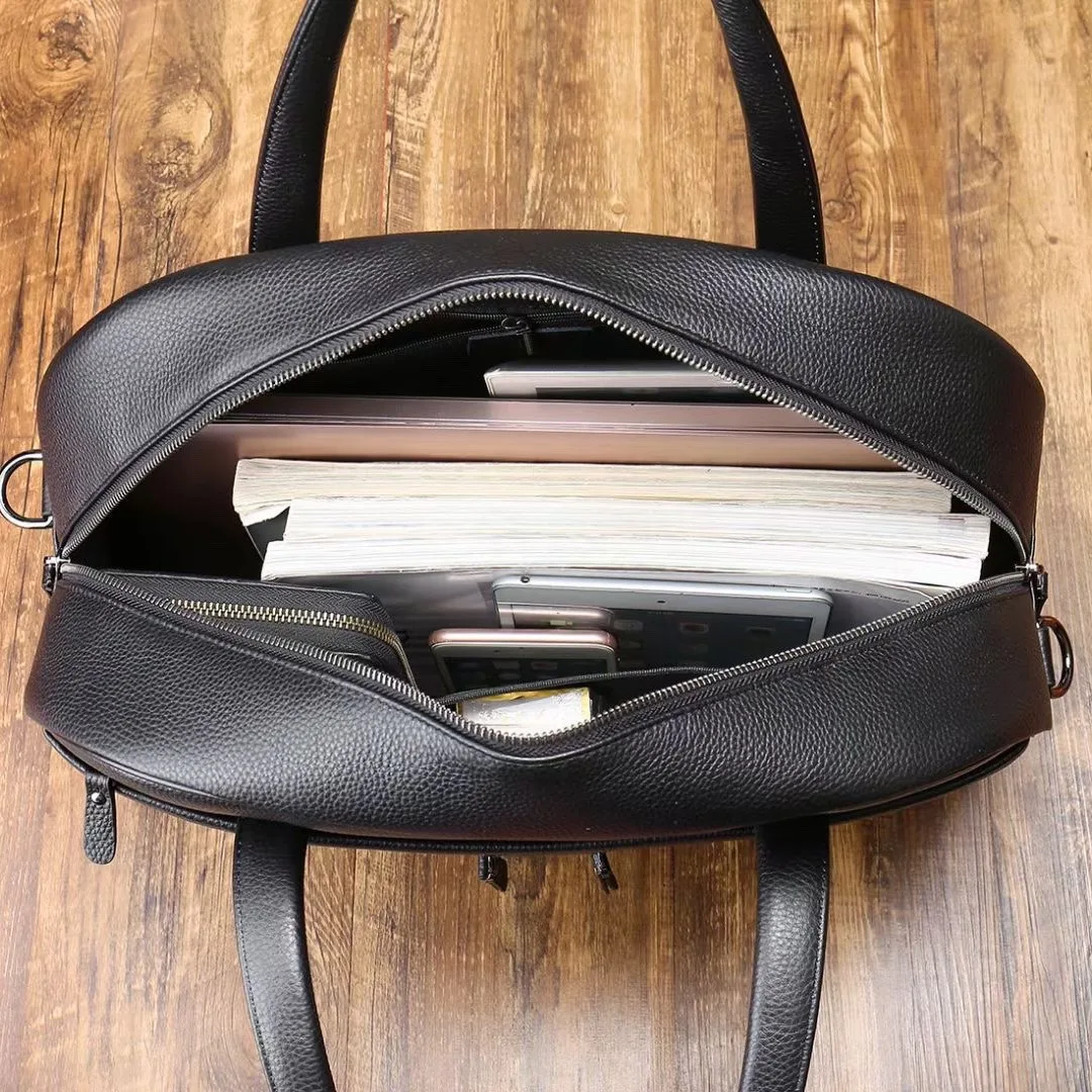 Brand Logo Leather Cowhide Computer Case Travel Bag Real Black Pebble Leather Computer Laptop Briefcases Duffel Bag