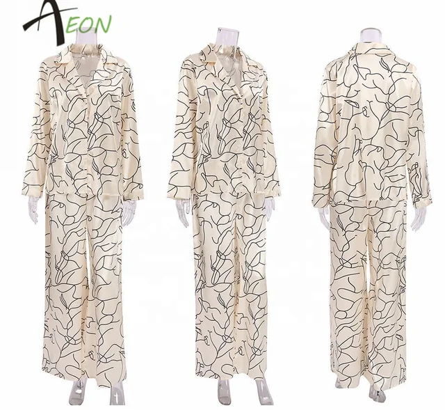 Personalized Print Satin Pajamas Loungewear Set Women Long Sleeve PJ set
