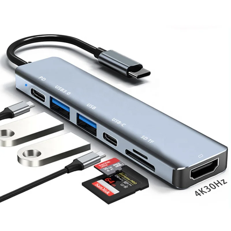 Welcome OEM Order, Factory Whole Selling 7 In 1 Usb-c Hub Adapter With 4k Hd Usb3.0 Tf/sd Card Reader Pd100w Charging Aluminum Type C Hub - Buy 7 In 1 Usb-c Adapter Charging Tf/sd 7 Ports Type-c Hub 7 In 1 Type C Hub Adapter Usb Charging