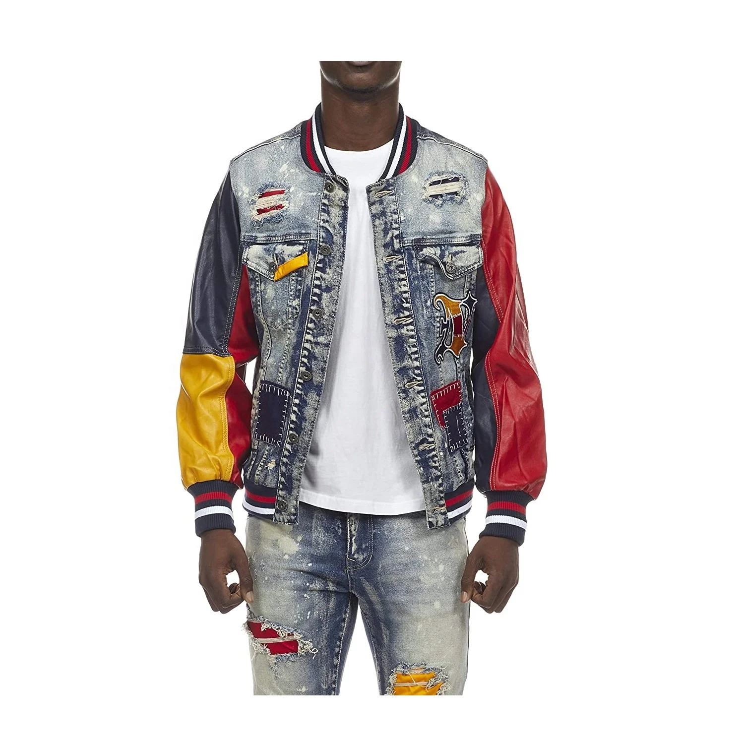 men's washed vintage denim varsity jacket