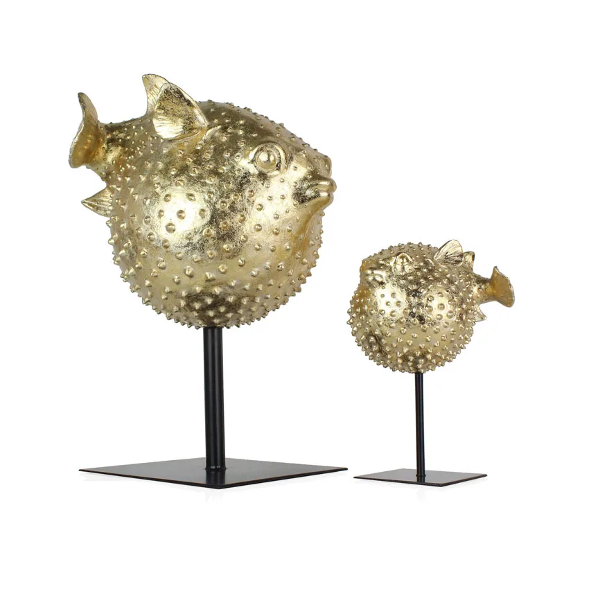 Crafts Puffer Fish Statue Metal Stand Resin Gold Decorations for Home SCULPTURE Artificial Europe